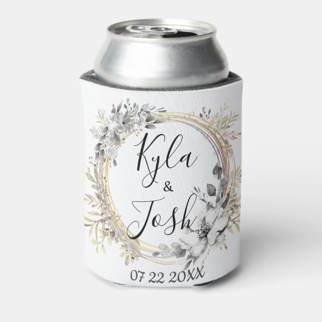 Elegant Floral Wreath Wedding Can Cooler (Can Back)