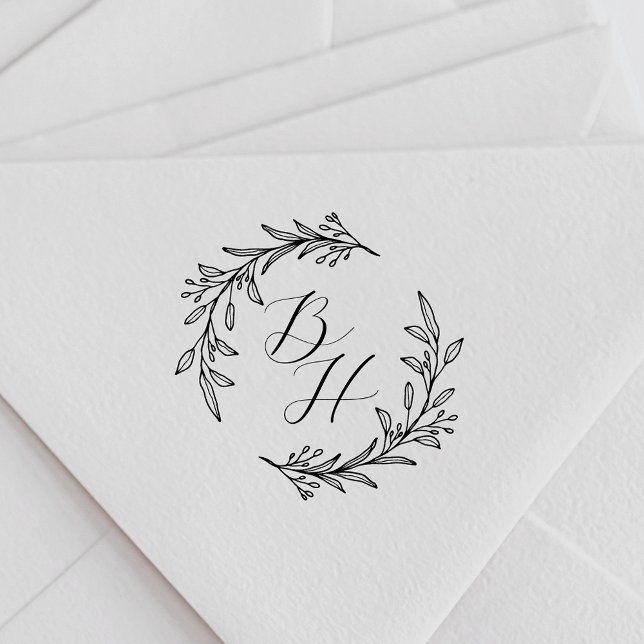Elegant Floral Wreath Wedding Monogram Rubber Stamp (Creator Uploaded)
