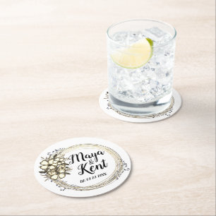 Elegant Floral Wreath Wedding Personalised Round Paper Coaster