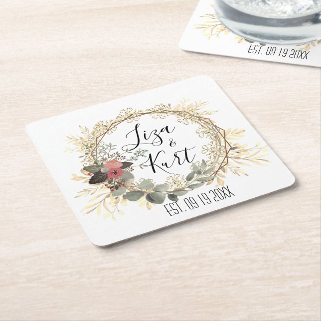  Elegant Floral Wreath Wedding Personalised    Square Paper Coaster (Angled)