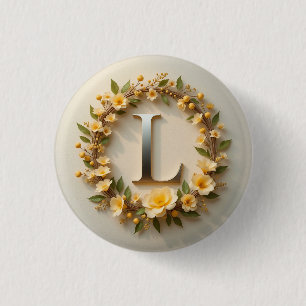 Elegant Floral Wreath with Golden Letter L 3 Cm Round Badge