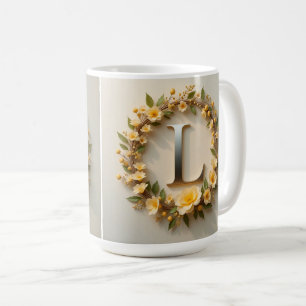Elegant Floral Wreath with Golden Letter L Coffee Mug