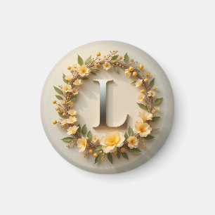 Elegant Floral Wreath with Golden Letter L Magnet