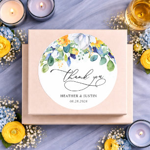 Elegant floral yellow and blue watercolor wedding classic round sticker