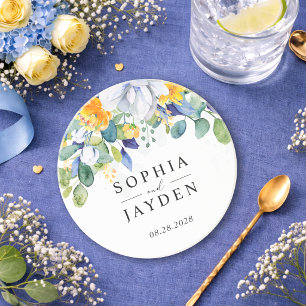 Elegant floral yellow and blue watercolor wedding coaster