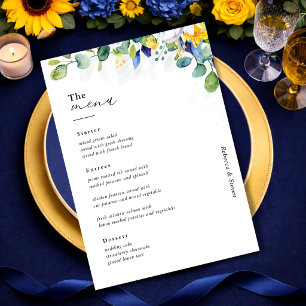 Elegant floral yellow and blue watercolor wedding menu