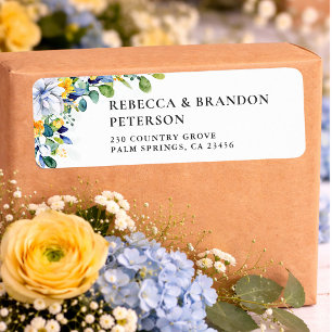 Elegant floral yellow and blue watercolor wedding return address label