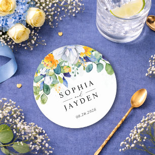 Elegant floral yellow and blue watercolor wedding round paper coaster