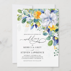 Elegant floral yellow and blue wedding photo invitation