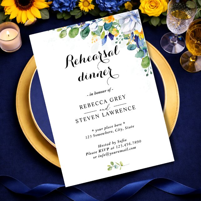 Elegant floral yellow blue white wedding rehearsal invitation (Creator Uploaded)
