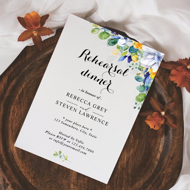 Elegant floral yellow blue white wedding rehearsal invitation (Creator Uploaded)