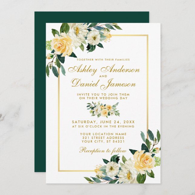 Elegant Floral Yellow Gold Hunter Green Wedding Invitation (Front/Back)