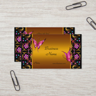 Elegant Floral Yellow Gold Pink  Black Butterfly Business Card