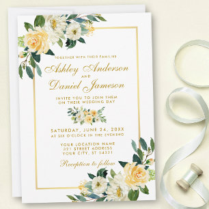 Elegant Floral Yellow Gold White Green Wedding Invitation