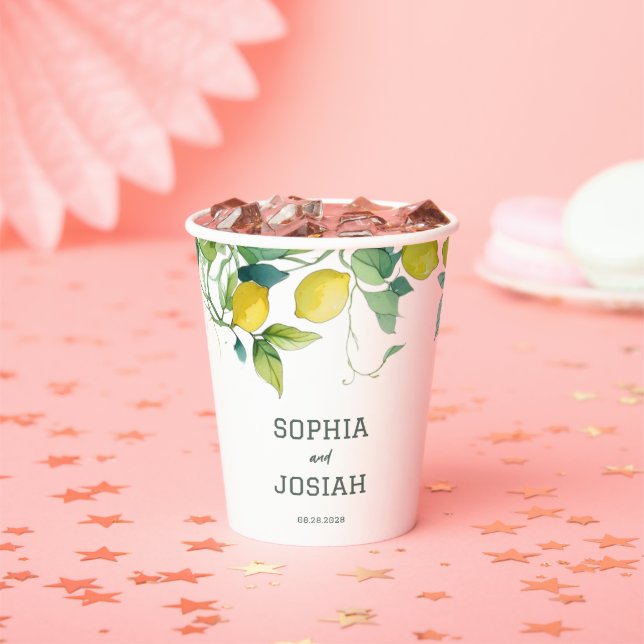 Elegant floral yellow lime white blue wedding paper cups (Insitu)