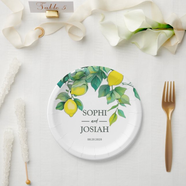 Elegant floral yellow lime white blue wedding paper plate (Wedding)