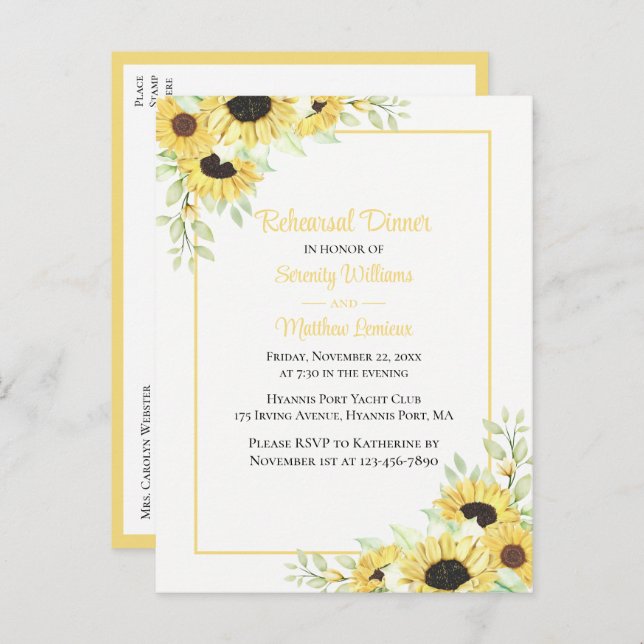 Elegant Floral Yellow Sunflower Rehearsal Dinner Invitation Postcard (Front/Back)