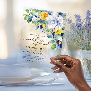 Elegant floral yellow white blue wedding  acrylic invitations