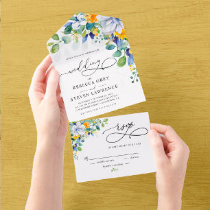 Elegant floral yellow white blue wedding  all in one invitation