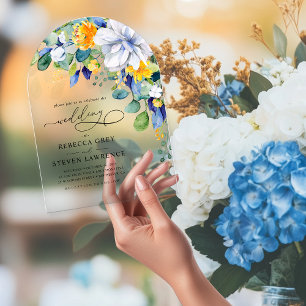 Elegant floral yellow white blue wedding arch acrylic invitations