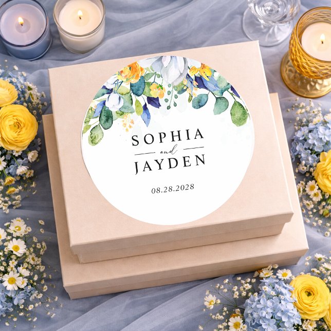 Elegant floral yellow white blue wedding monogram  classic round sticker (Creator Uploaded)