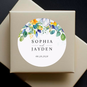 Elegant floral yellow white blue wedding monogram  classic round sticker