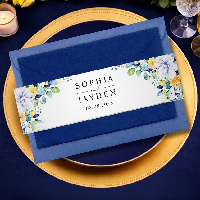 Elegant floral yellow white blue wedding monogram  invitation belly band (Creator Uploaded)