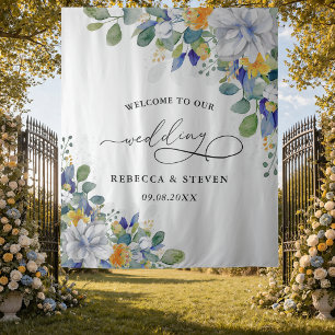Elegant floral yellow white blue welcome  tapestry