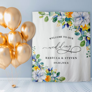 Elegant floral yellow white blue welcome  tapestry