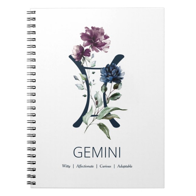 Elegant Floral Zodiac Star Sign Gemini Notebook (Front)