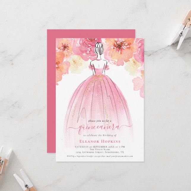 Elegant Florals Dress Pink Quinceanera Invitation (Front/Back In Situ)