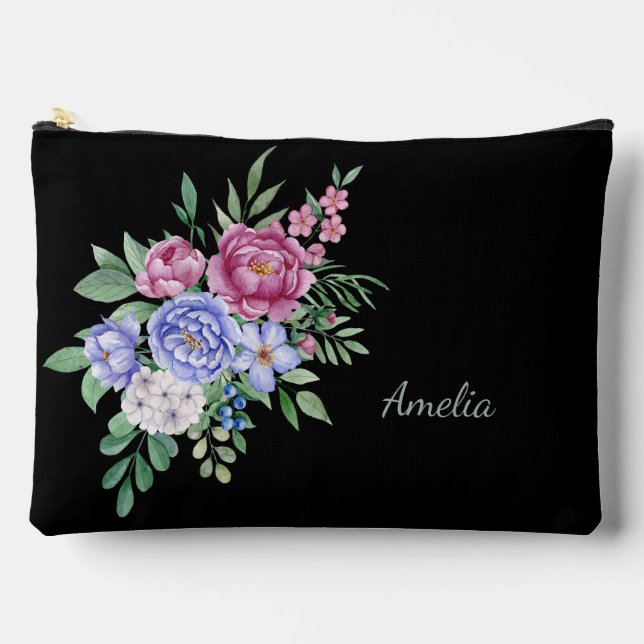 Elegant Florals on Black Accessory Pouch (Front)