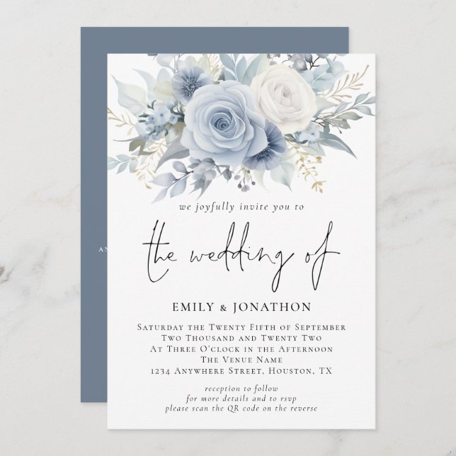 Elegant Florals QR Code Dusty Blue Wedding Invitation (Front/Back)