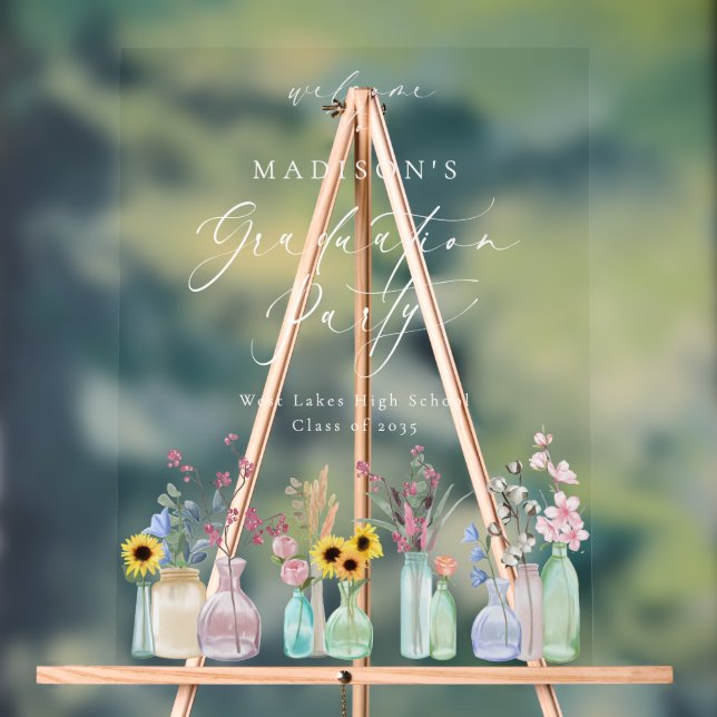 Elegant Florals Script Graduation Party Welcome Acrylic Sign (Neutral)