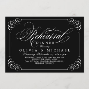 Elegant flourish calligraphy rehearsal dinner invitation