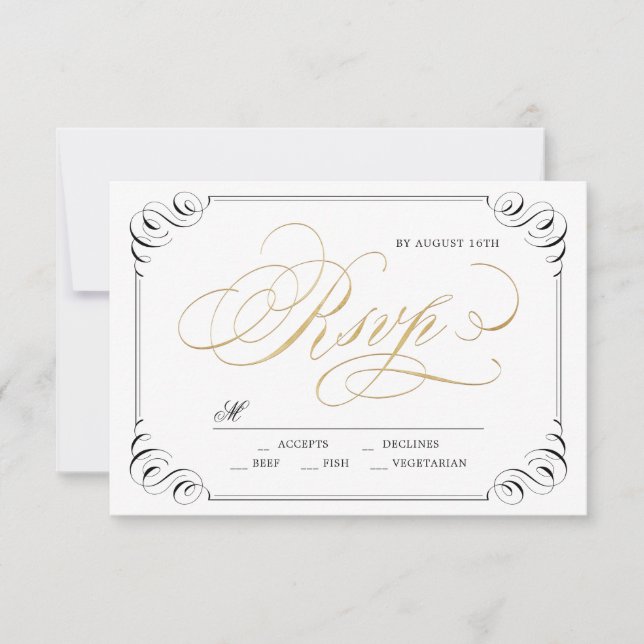 Elegant flourish calligraphy vintage wedding RSVP Card (Front)