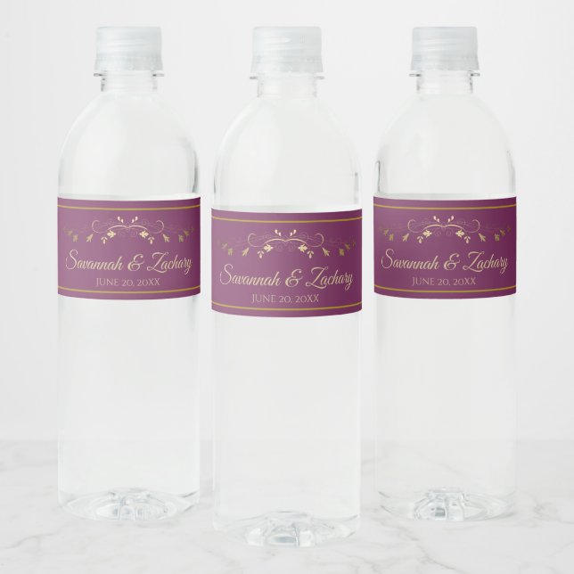 Elegant Flourish Cassis Purple & Gold Wedding Water Bottle Label (Bottles)