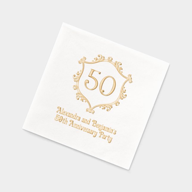 Elegant Flourish Crest Frame Anniversary Party Foil Napkins (Left)