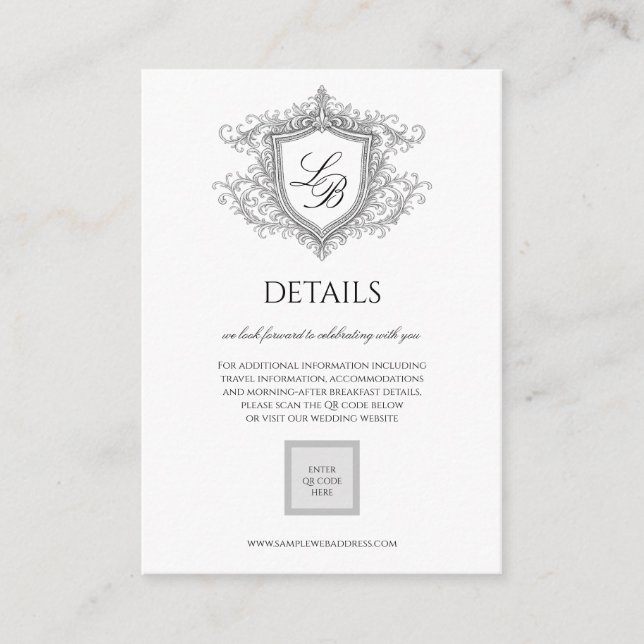 Elegant Flourish Crest Monogram Details Card (Front)