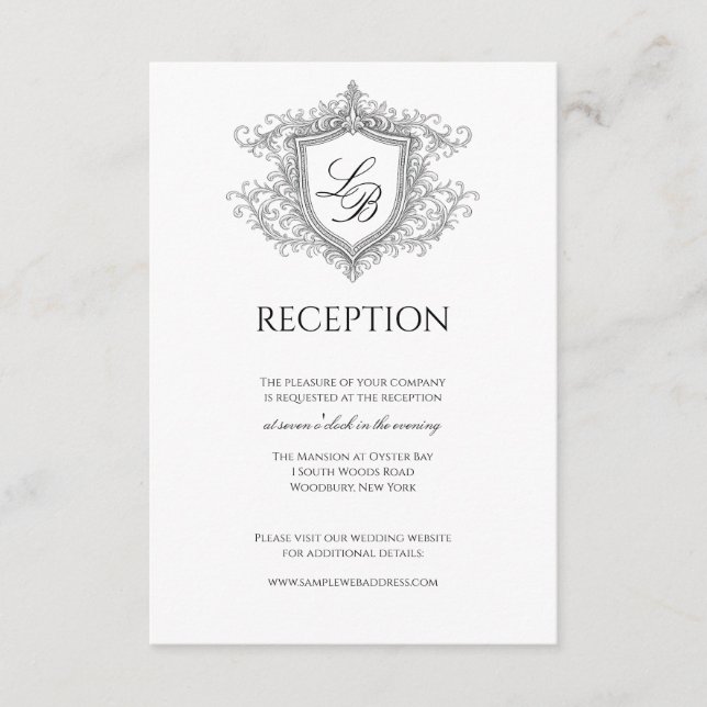 Elegant Flourish Crest Monogram Reception Card (Front)