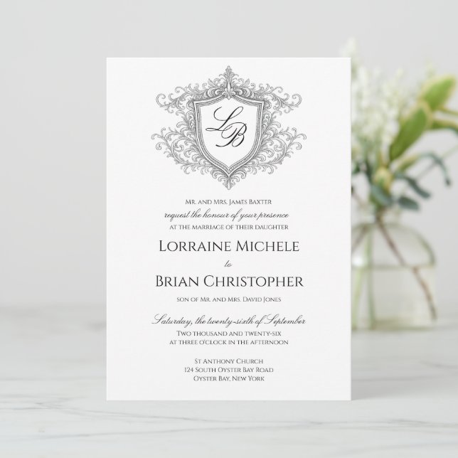 Elegant Flourish Crest Monogram Wedding Invitation (Standing Front)