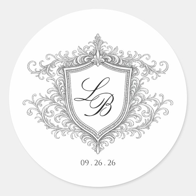 Elegant Flourish Crest Monogram Wedding Invitation Classic Round Sticker (Front)