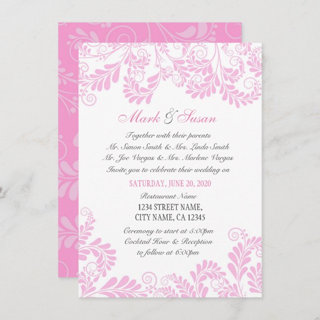 Elegant Flourish Curly Pink Wedding Invitation (Front/Back)