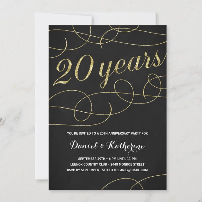Elegant Flourish | Faux Gold Foil 20th Anniversary Invitation (Front)