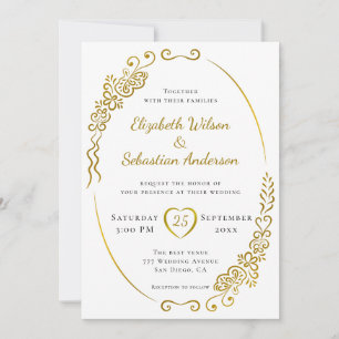 Elegant Flourish Gold White and Black Wedding Invitation