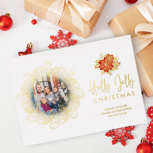 Elegant Flourish Golden Ornament Photo Christmas  Foil Holiday Card