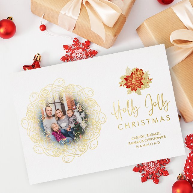 Elegant Flourish Golden Ornament Photo Christmas  Foil Holiday Card (Creator Uploaded)