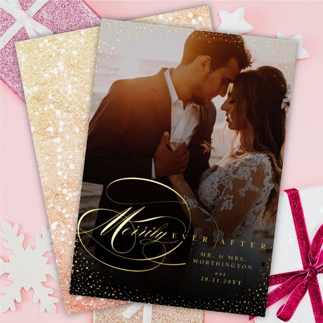 Elegant Flourish Merrily Ever After Wedding Photo Foil Holiday Card (Creator Uploaded)