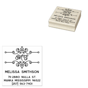 Elegant Flourish Personalised Monogram Address Rubber Stamp