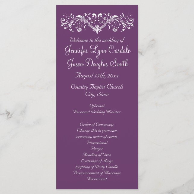 Elegant Flourish Regal Purple Wedding Programs (Front)